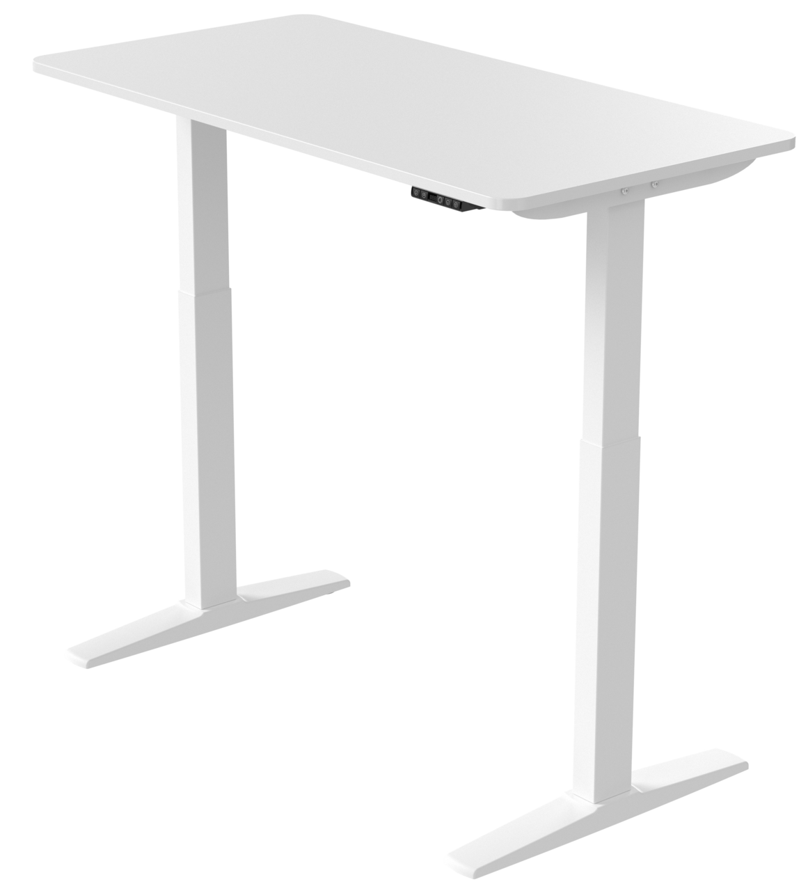 Weißer höhenverstellbarer E-Schreibtisch aus seitlicher Perspektive