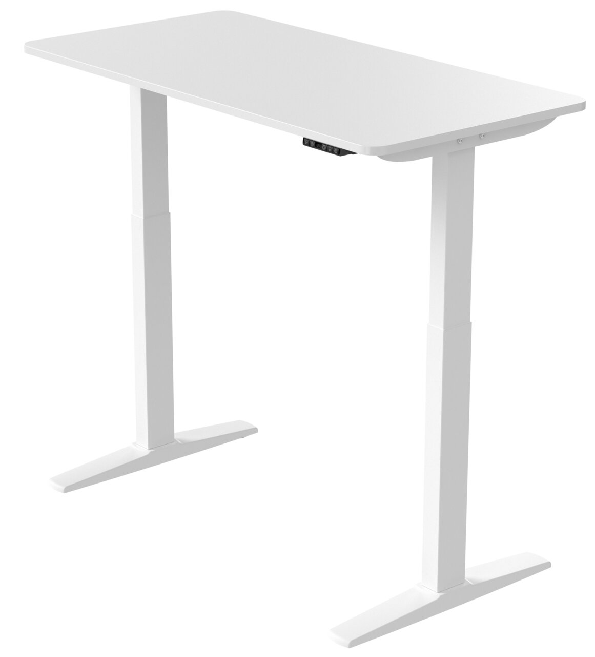 Weißer höhenverstellbarer E-Schreibtisch aus seitlicher Perspektive