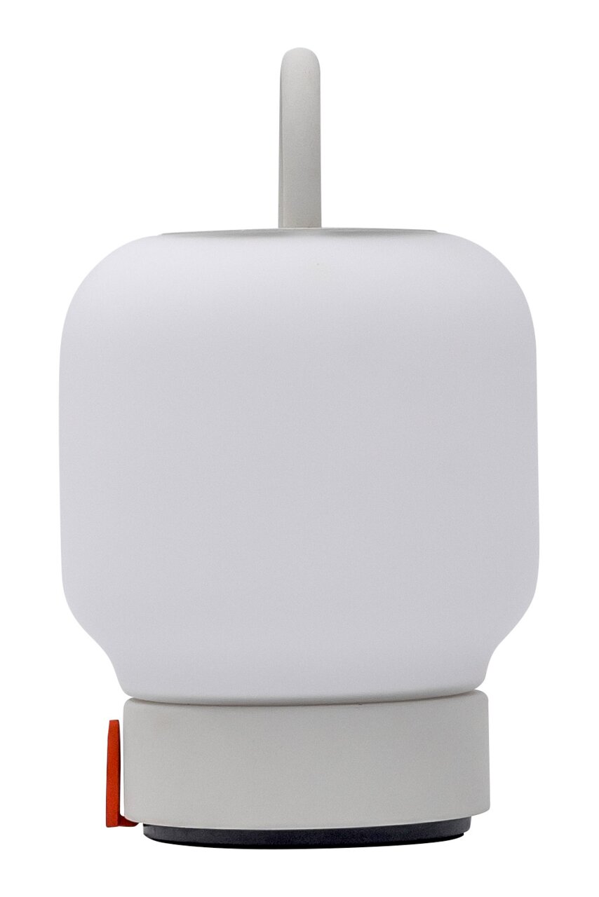 Weiße, moderne Lampe mit abgerundeten Kanten, frontal abgebildet.