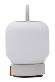 Weiße, moderne Lampe mit abgerundeten Kanten, frontal abgebildet.