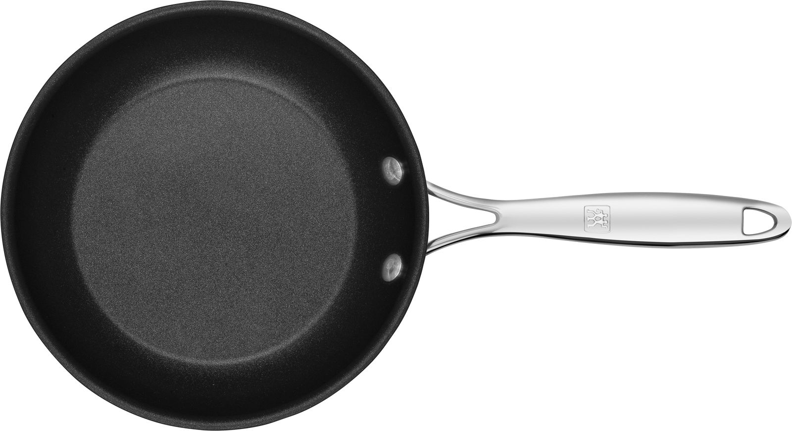 Ansicht von oben auf eine schwarze ZWILLING Bratpfanne der Serie FORTE mit silbernem Griff, Durchmesser 20 cm.