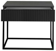 Moderne schwarze Nachtkommode mit geriffelter Front und Metallgestell, Frontalansicht
