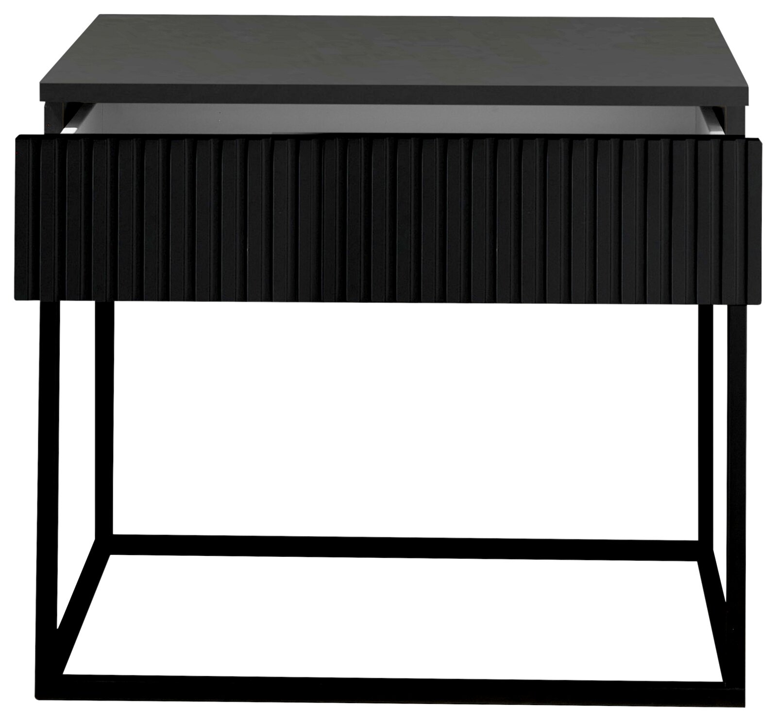 Moderne schwarze Nachtkommode mit geriffelter Front und Metallgestell, Frontalansicht