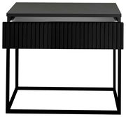 Moderne schwarze Nachtkommode mit geriffelter Front und Metallgestell, Frontalansicht