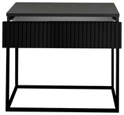 Moderne schwarze Nachtkommode mit geriffelter Front und Metallgestell, Frontalansicht