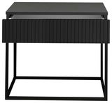 Moderne schwarze Nachtkommode mit geriffelter Front und Metallgestell, Frontalansicht