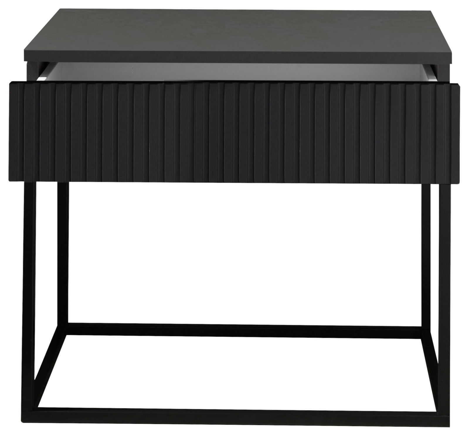 Moderne schwarze Nachtkommode mit geriffelter Front und Metallgestell, Frontalansicht