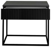 Moderne schwarze Nachtkommode mit geriffelter Front und Metallgestell, Frontalansicht
