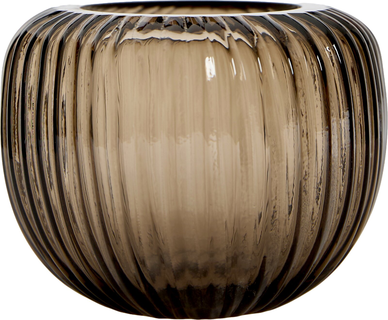 Ronde vaas van rookbruin glas met verticale ribbels en glanzende afwerking, frontaal van licht bovenaf gezien