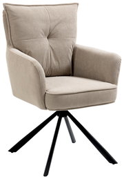 Beiger Sessel mit geripptem Stoffbezug und schwarzem Metallgestell, seitliche Perspektive