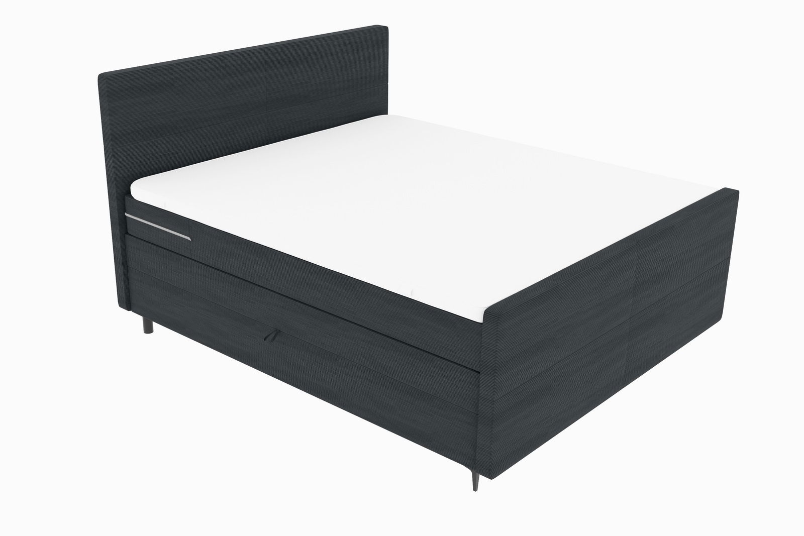 Boxspringbett in dunklem Holzdesign, seitliche Perspektive