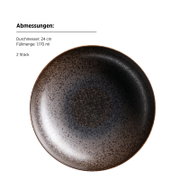 Dunkle, gesprenkelte Servier- oder Pastaschale aus Keramik/Steinzeug mit braunem Rand, Ø 24 cm und 1.170 ml Füllmenge (2 Stück), Draufsicht von oben vor weißem Hintergrund.