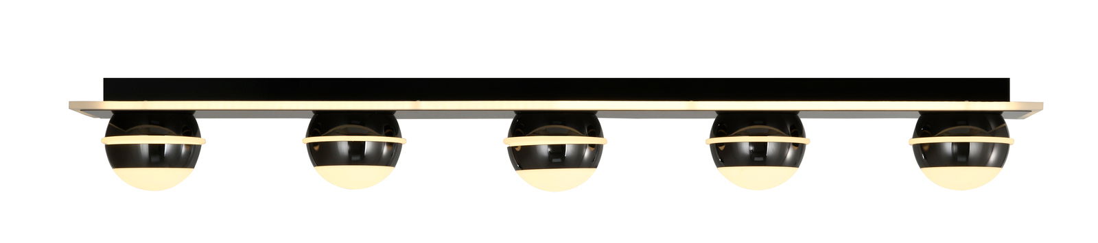 Moderne LED-Deckenleuchte mit fünf kugelförmigen Leuchten, seitliche Perspektive