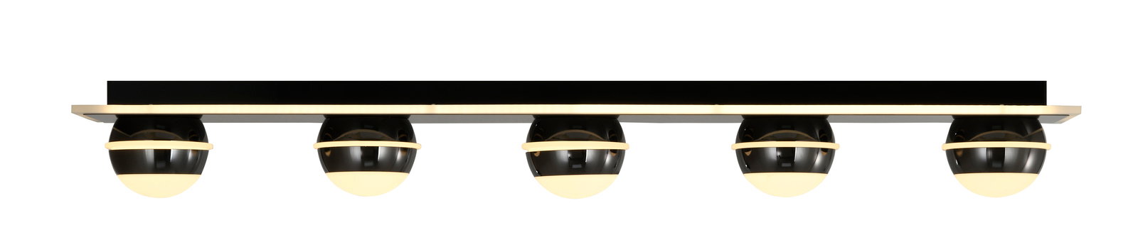 Moderne LED-Deckenleuchte mit fünf kugelförmigen Leuchten, seitliche Perspektive