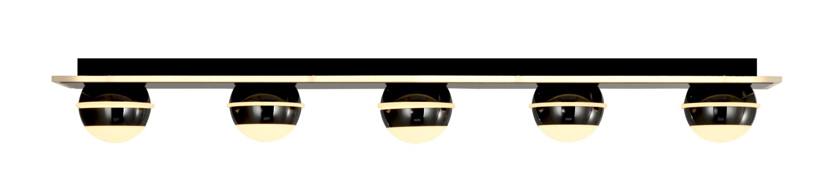 Moderne led-plafondlamp met vijf bolvormige lampen, zijaanzicht