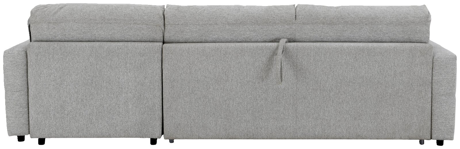 Rückansicht eines großzügigen, hellgrauen Ecksofas mit Stoffbezug, gepolsterten Rückenlehnen und breiten Armlehnen