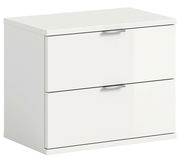 Weiße Sitzbank oder Kommode mit zwei Schubladen, Frontansicht