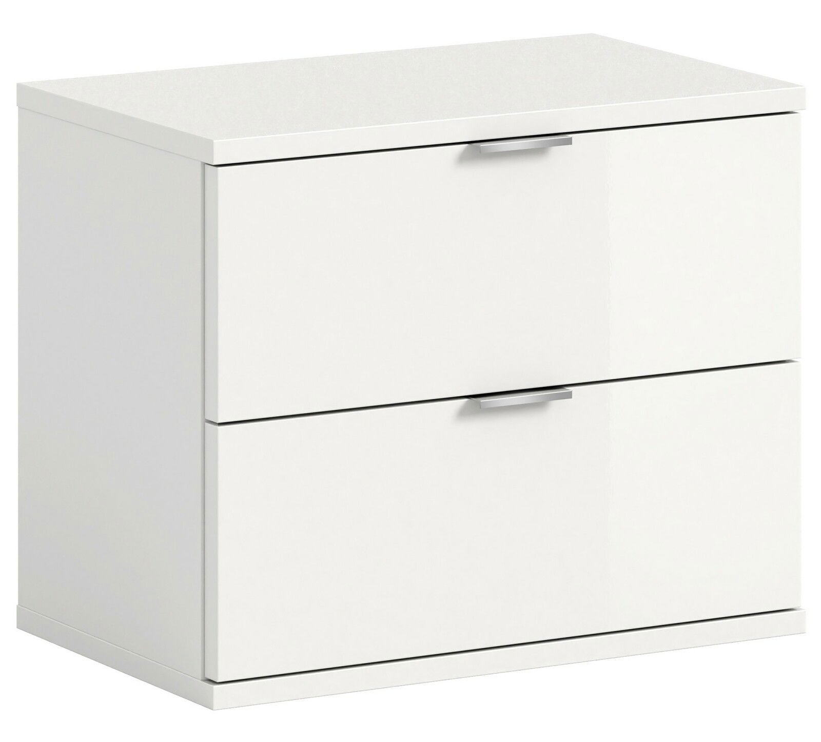 Weiße Sitzbank oder Kommode mit zwei Schubladen, Frontansicht