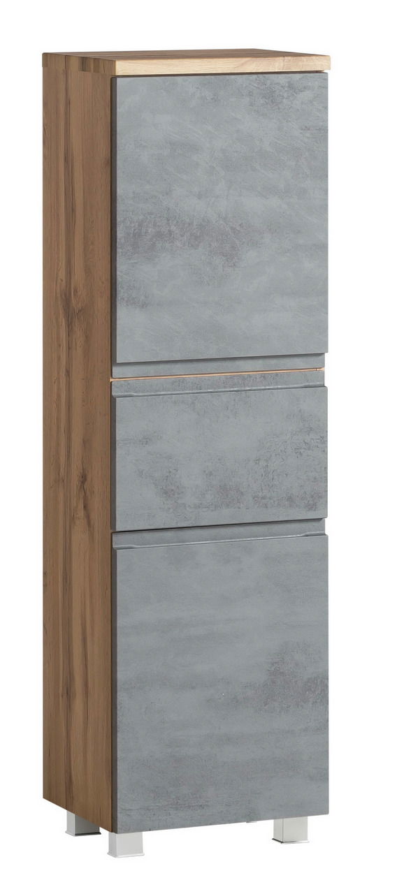 Moderner Midischrank in Holzoptik mit grauen Fronten, seitliche Perspektive