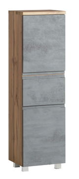 Moderner Midischrank in Holzoptik mit grauen Fronten, seitliche Perspektive