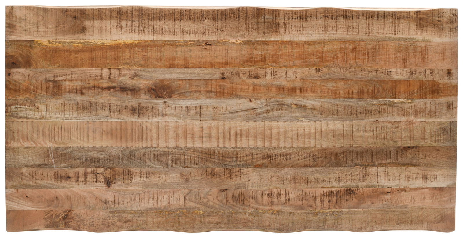 Vogelperspektive auf eine Tischplatte aus Holz mit natürlicher Maserung und verschiedenen Brauntönen.