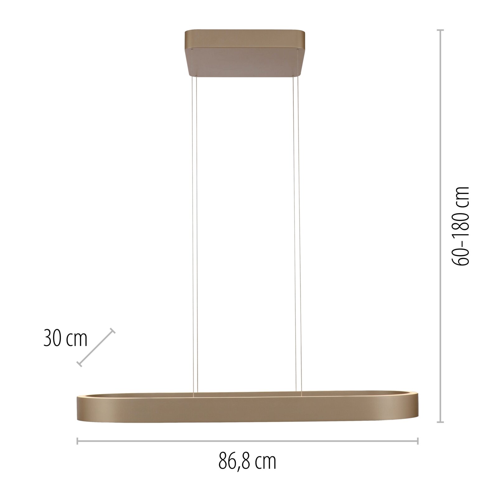 Moderne LED-Pendelleuchte in Bronze/Champagner mit ovalem Ring, 86,8 cm breit, Abhängung 60–180 cm, Seitenansicht von vorn auf weißem Hintergrund