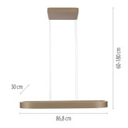 Moderne LED-Pendelleuchte in Bronze/Champagner mit ovalem Ring, 86,8 cm breit, Abhängung 60–180 cm, Seitenansicht von vorn auf weißem Hintergrund