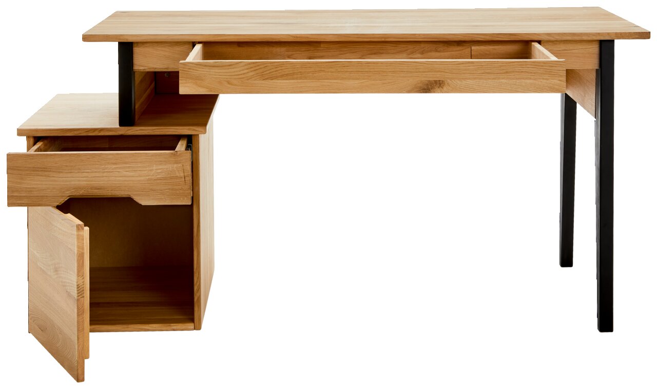 Schreibtisch aus Holz mit schwarzem Metallgestell, Schubladen und Schrank, seitliche Perspektive