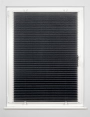 Schwarzes Plissee gefädelt, 50x130cm, frontal an einem Fenster montiert