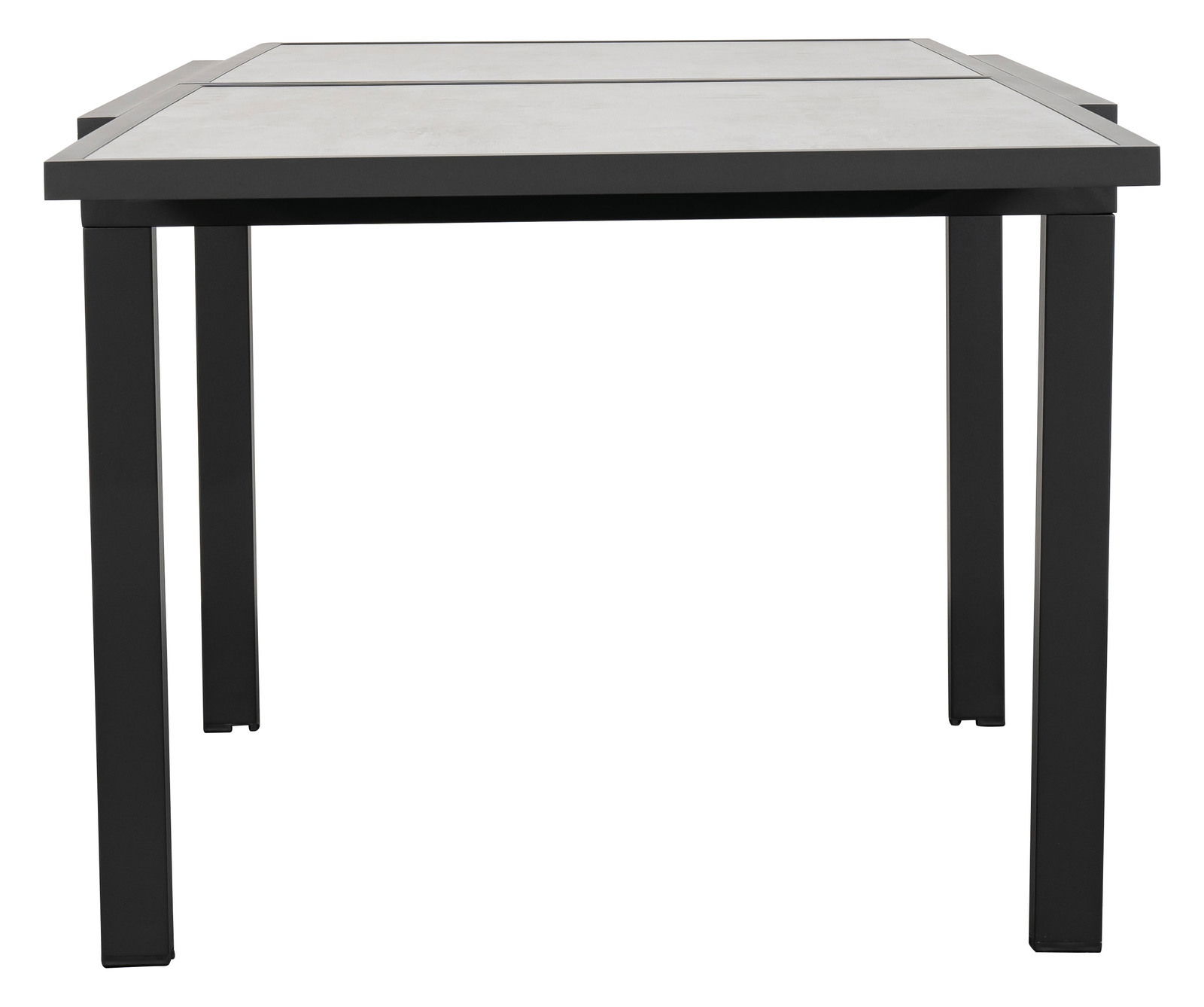 Moderner Gartentisch mit schwarzem Metallrahmen und heller Tischplatte, frontal betrachtet.