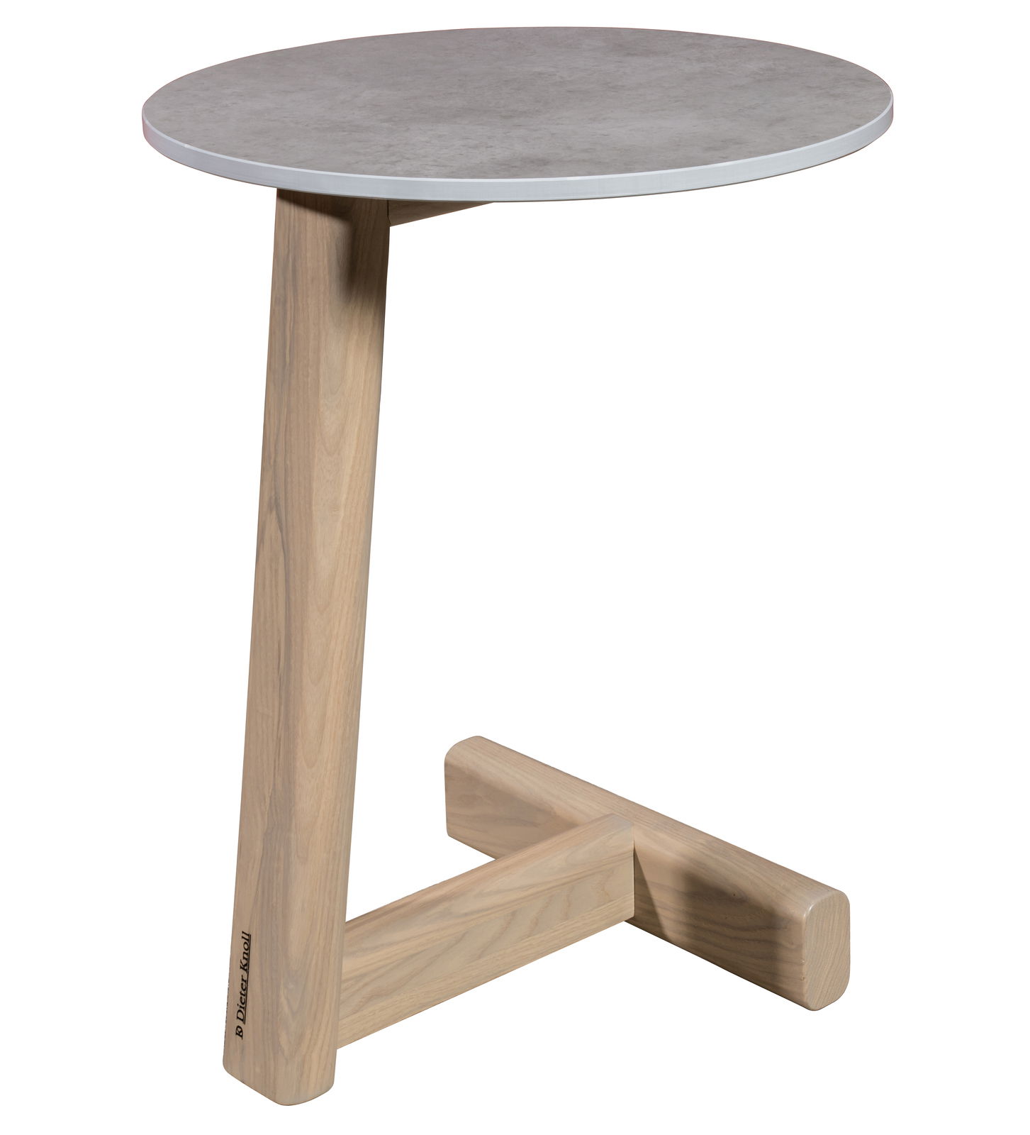 Moderner Beistelltisch mit runder grauer Tischplatte und hellem Holzgestell, seitliche Perspektive