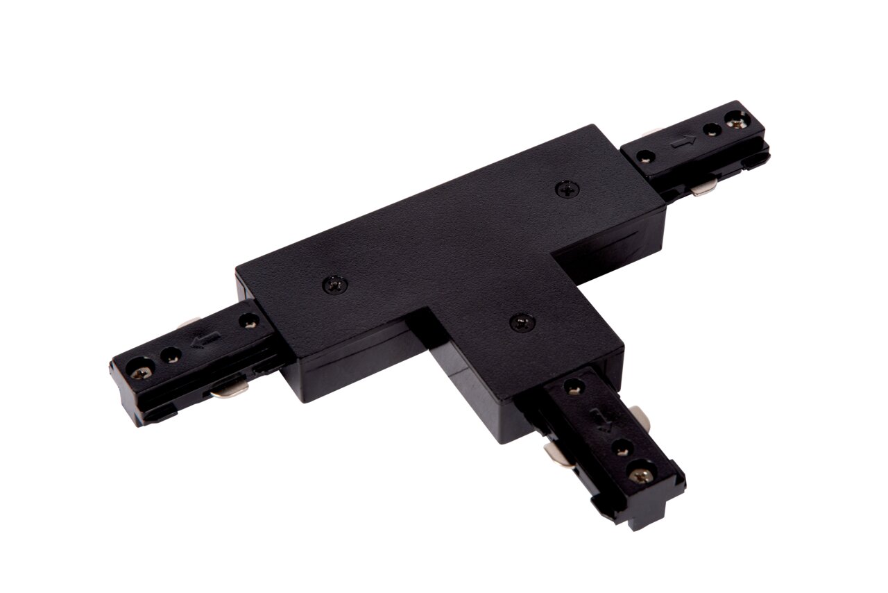 Schwarzer T-Verbinder für Schienensysteme, Ansicht von oben.