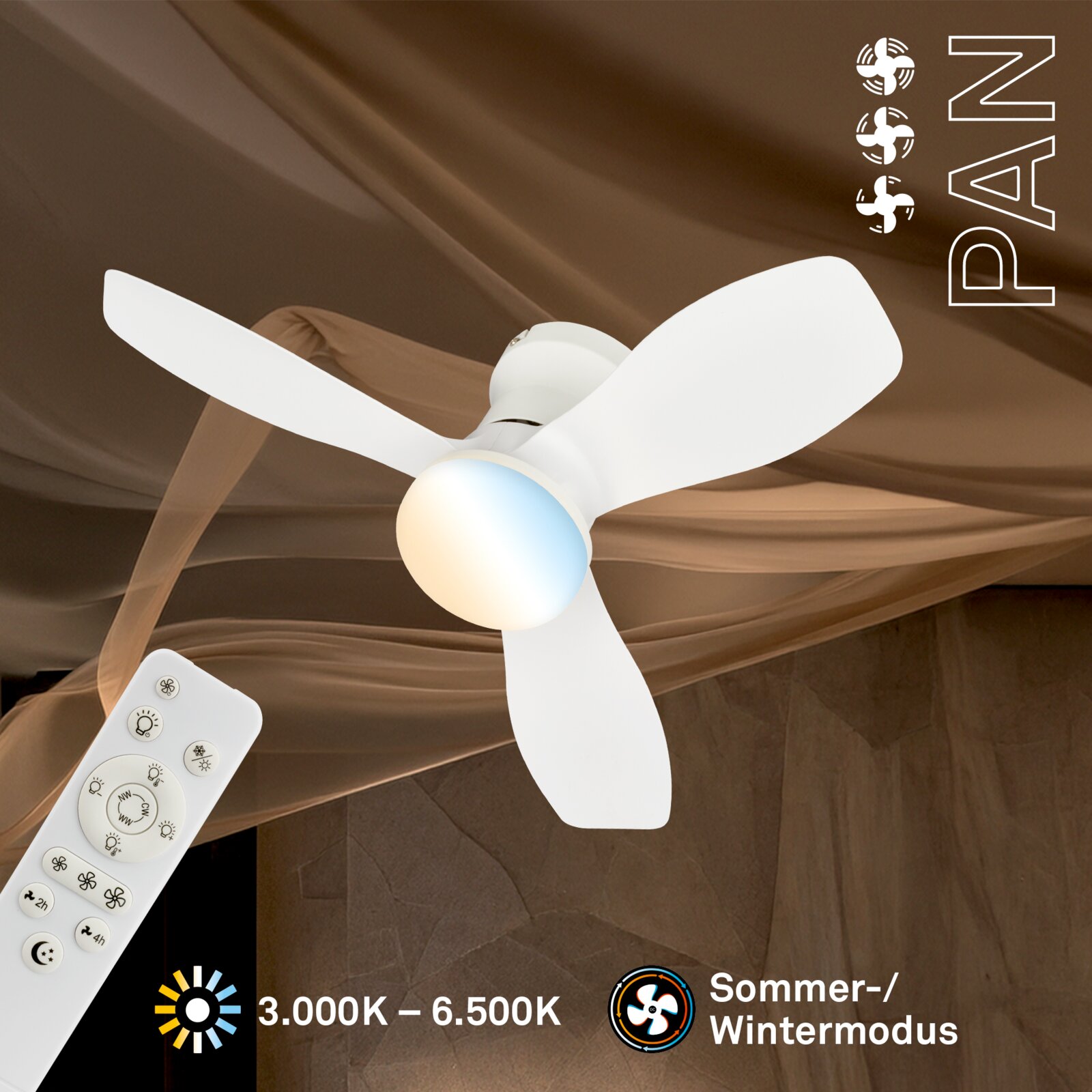 Weißer Deckenventilator mit drei Flügeln, integrierter LED-Leuchte, Fernbedienung, einstellbarer Farbtemperatur von 3.000 bis 6.500 K und Sommer-/Wintermodus, aus leichter Untersicht dargestellt.
