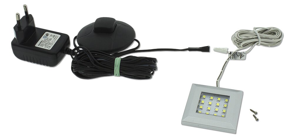 VCM LED-Beleuchtung Vitrinen LED-Unterbauleuchte-Set mit silberner quadratischer LED-Leuchte, Netzteil und Kabeln, Draufsicht