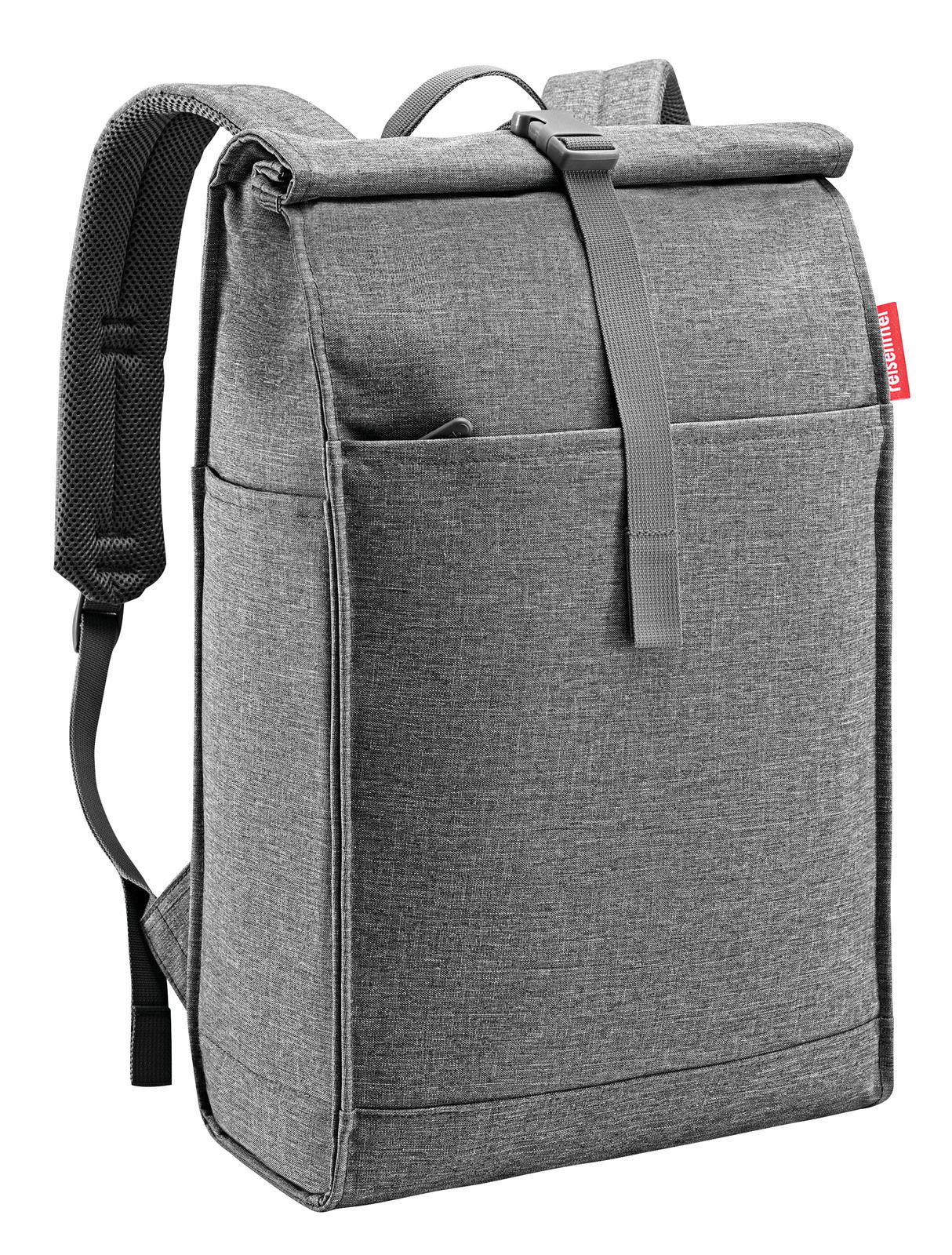 Grauer urbaner Rolltop-Rucksack aus Stoff, seitliche Perspektive