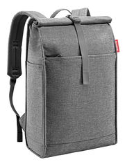 Grauer urbaner Rolltop-Rucksack aus Stoff, seitliche Perspektive