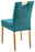 Cantus Stuhl BARCELONA Rückansicht eines modernen Stuhls mit türkisfarbenem Stoffbezug und Holzbeinen, mit einem Griff an der Rückenlehne.