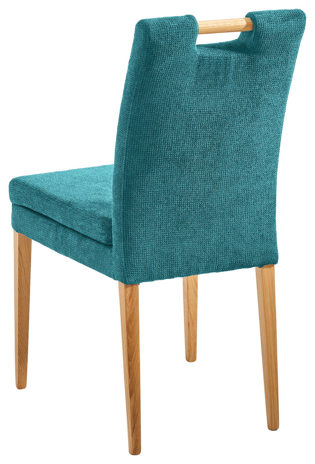 Cantus Stuhl BARCELONA Rückansicht eines modernen Stuhls mit türkisfarbenem Stoffbezug und Holzbeinen, mit einem Griff an der Rückenlehne.