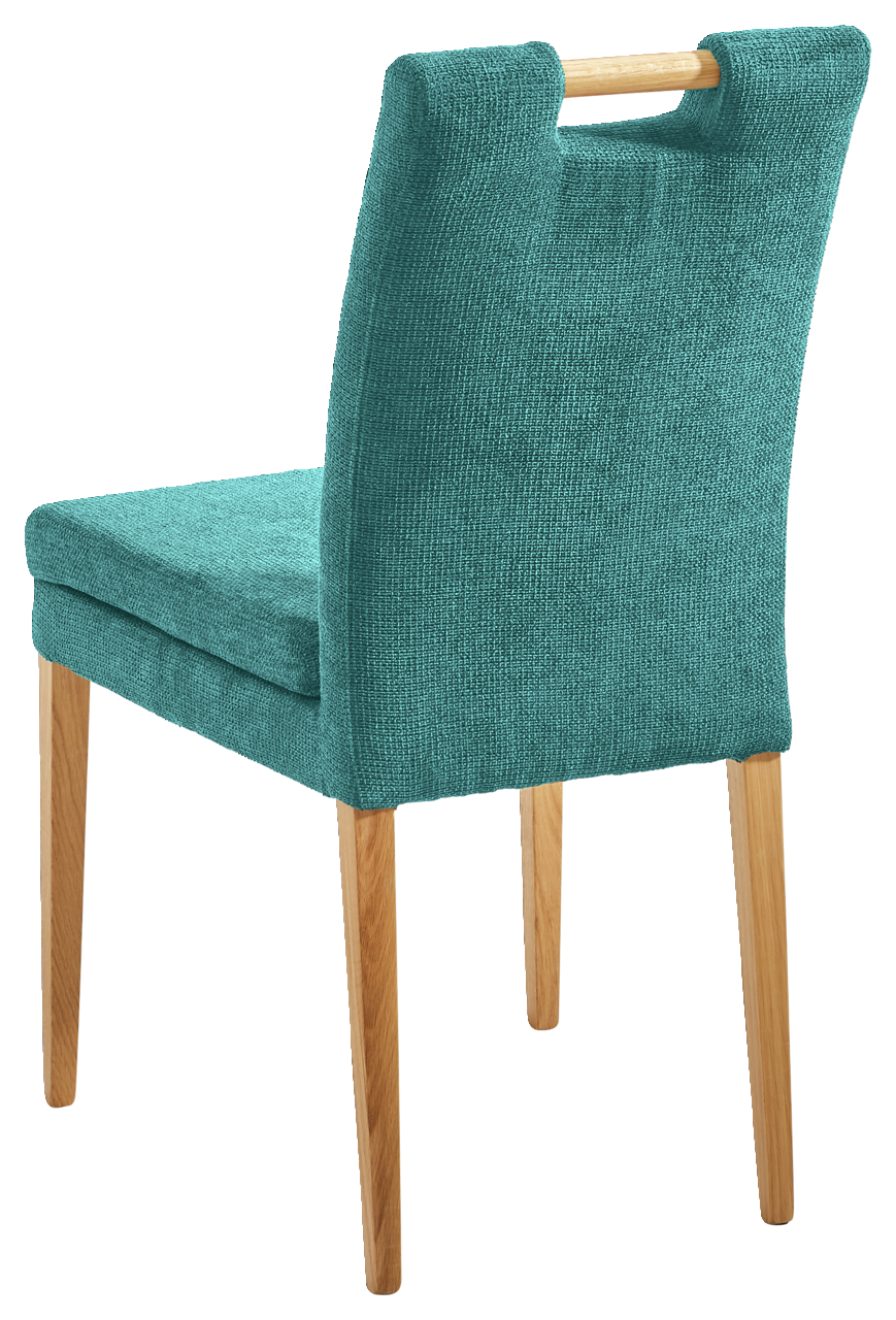 Cantus Stuhl BARCELONA Rückansicht eines modernen Stuhls mit türkisfarbenem Stoffbezug und Holzbeinen, mit einem Griff an der Rückenlehne.