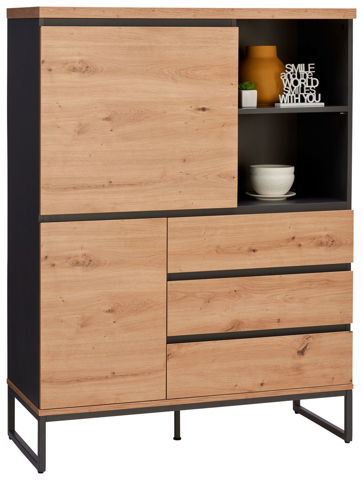 Modernes Highboard aus Holz mit schwarzem Metallrahmen, Frontansicht