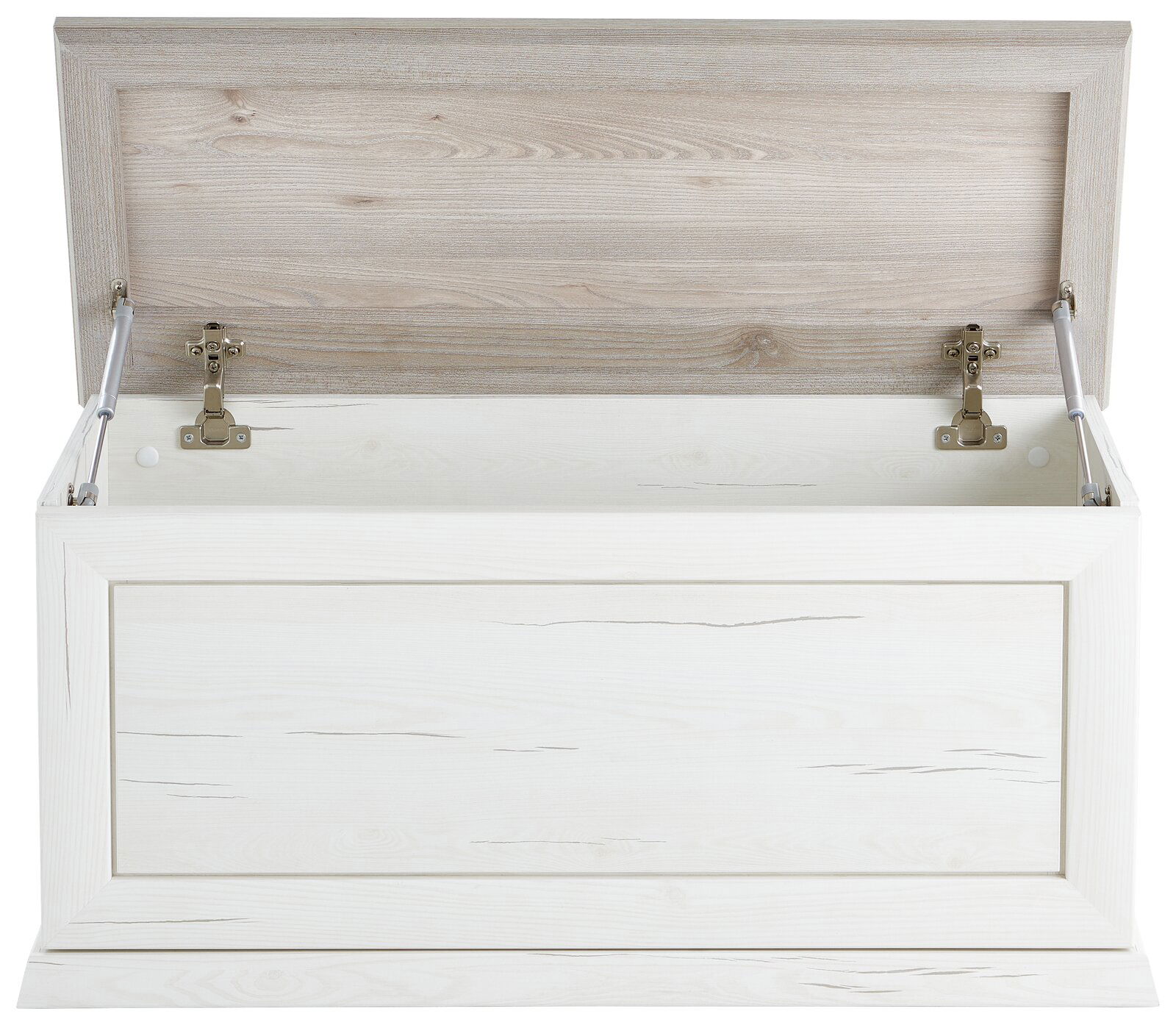 Geöffnete Truhe aus hellem Holz mit sichtbaren Scharnieren, Frontansicht
