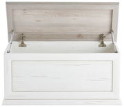 Geöffnete Truhe aus hellem Holz mit sichtbaren Scharnieren, Frontansicht