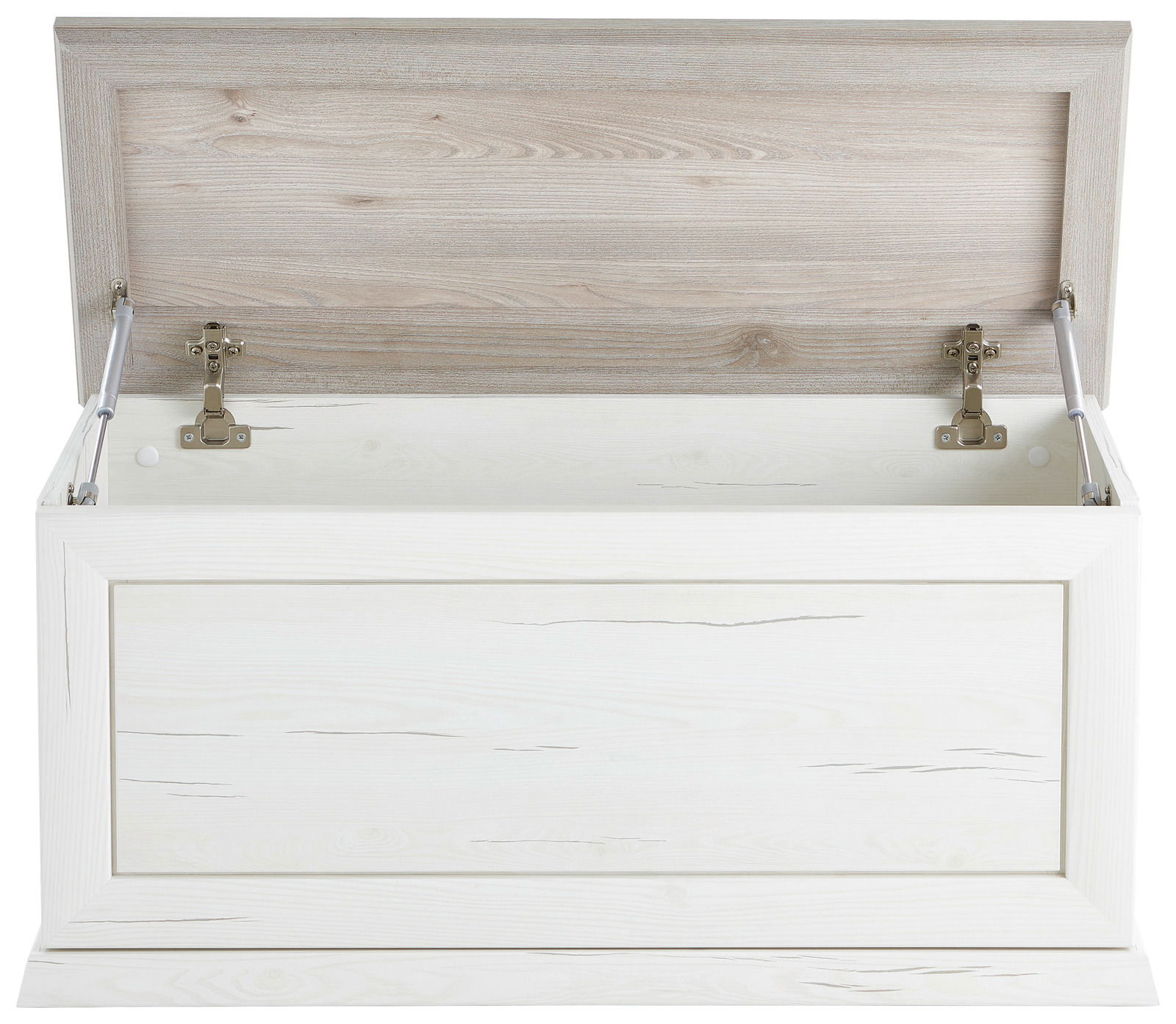 Geöffnete Truhe aus hellem Holz mit sichtbaren Scharnieren, Frontansicht