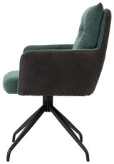 Moderner Sessel mit grünem Stoffbezug und schwarzem Metallgestell, Seitenansicht.