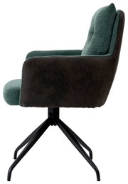 Moderne fauteuil met groene stoffen bekleding en een zwart metalen frame, gezien vanaf de zijkant.