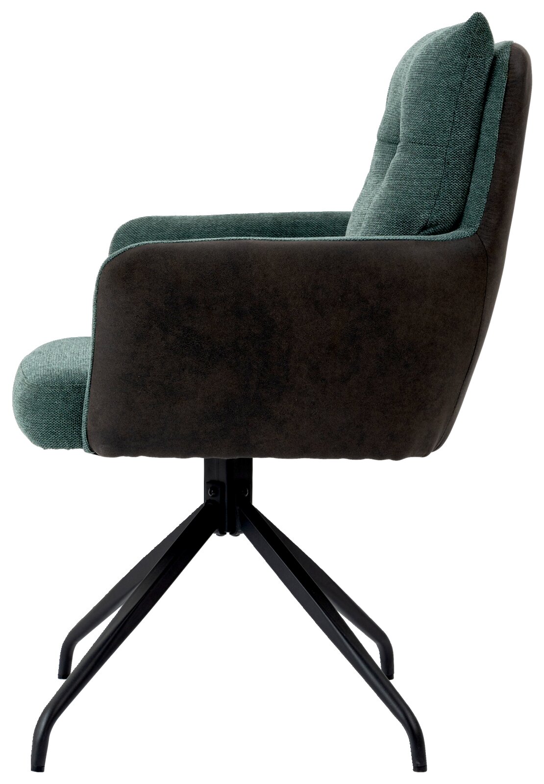 Moderne fauteuil met groene stoffen bekleding en een zwart metalen frame, gezien vanaf de zijkant.