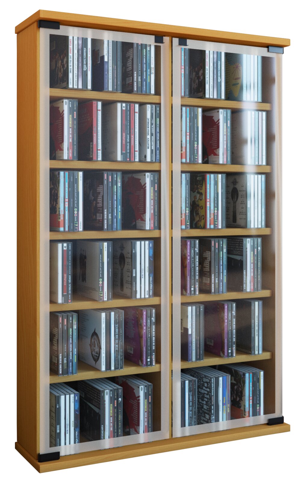 Hoher CD-/DVD-Schrank aus Holzdekor mit zwei satinierten Glasschiebetüren und mehreren Einlegeböden, gefüllt mit CDs, in frontaler leicht schräger Perspektive.