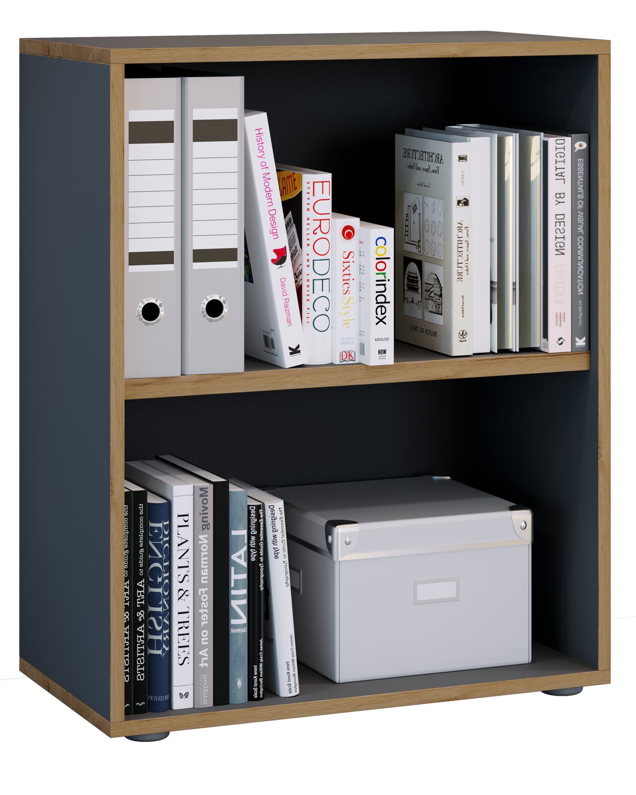 Modernes Regal mit zwei offenen Fächern in Dunkelblau mit Holzrahmen, gefüllt mit Ordnern und Büchern sowie einer Aufbewahrungsbox; Ansicht schräg von vorn