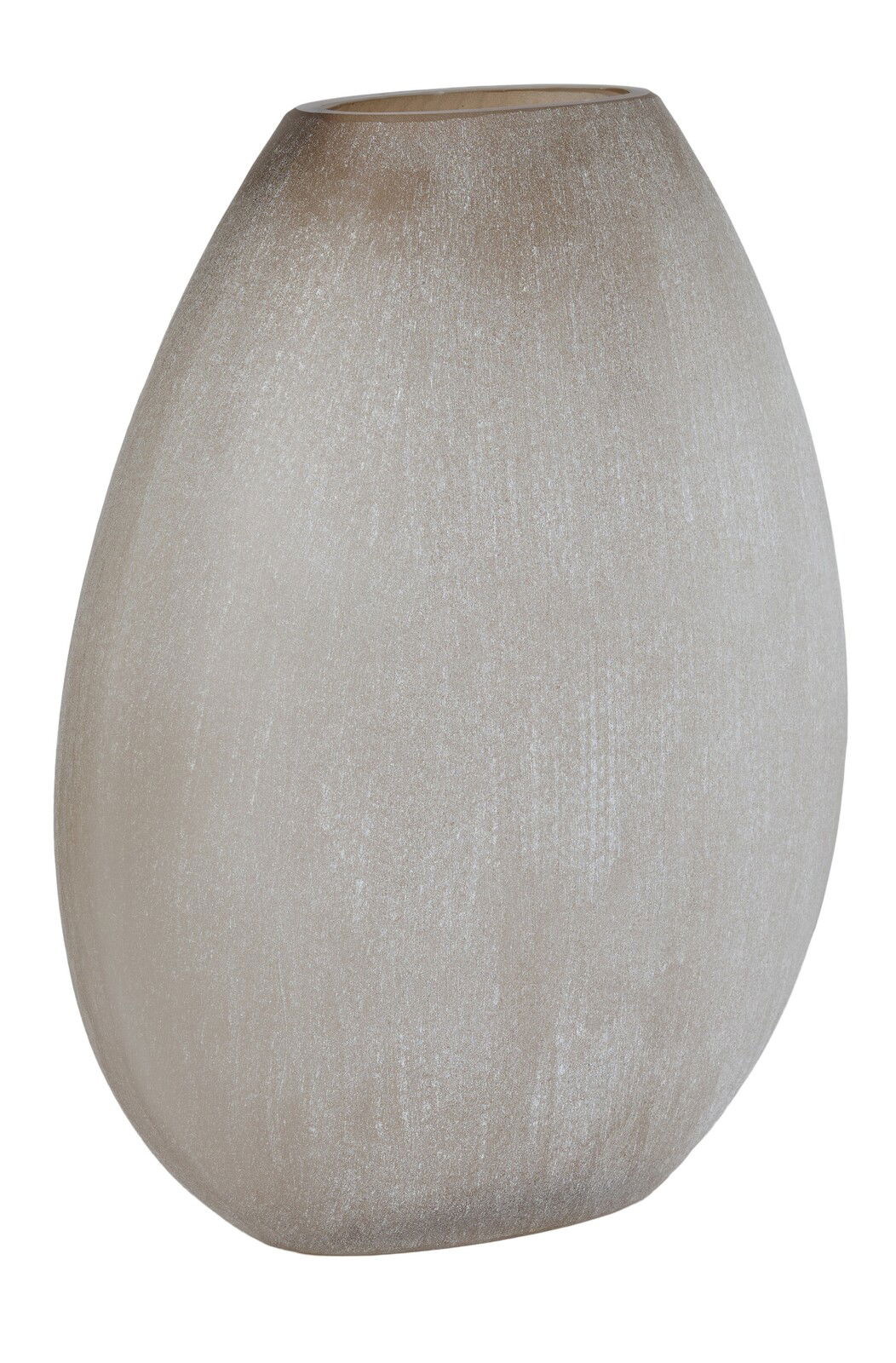Elegante, ovale Vase in sanftem Beige, seitliche Perspektive