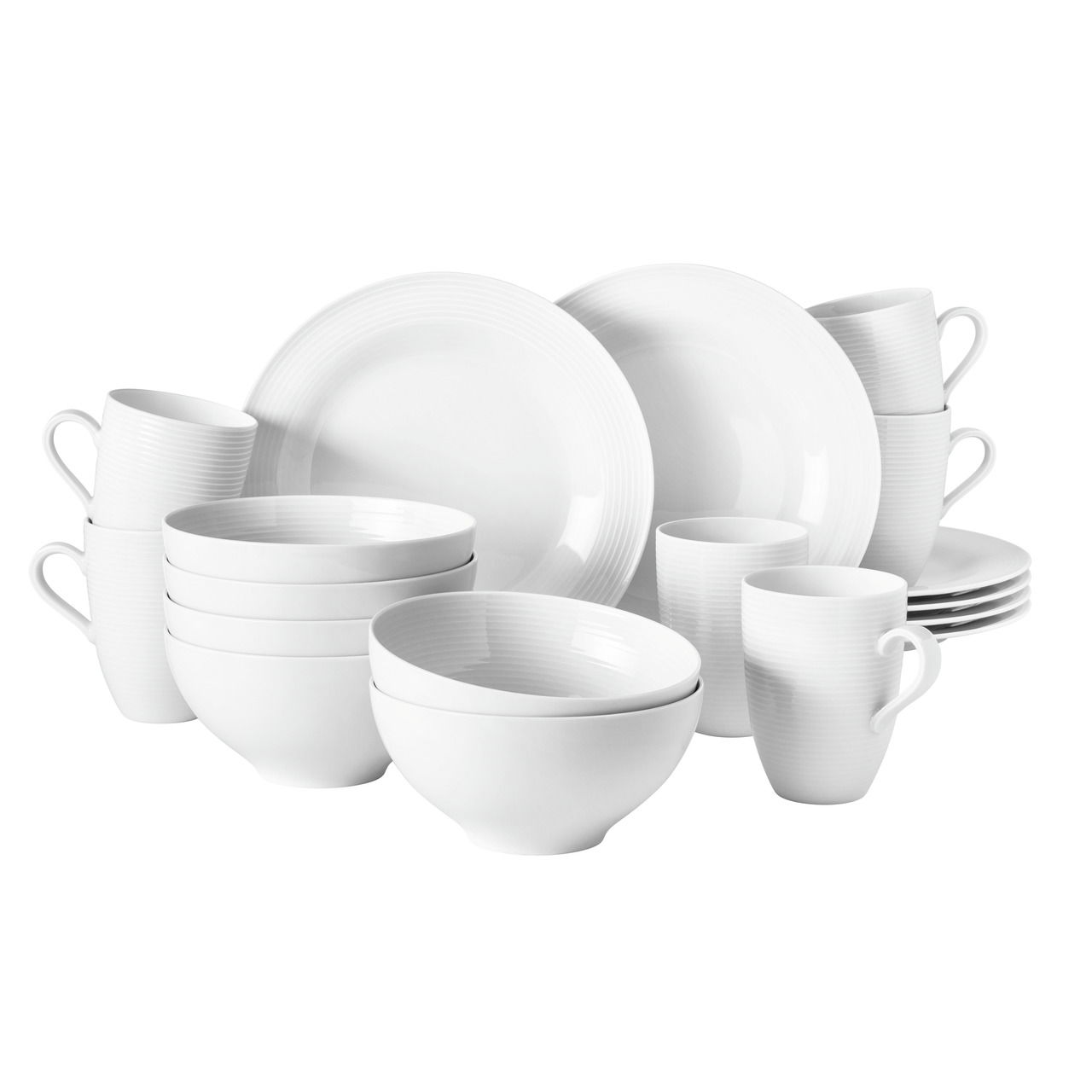 Seltmann Weiden Frühstückset 18-tlg. BEAT Frontalansicht eines 18-teiligen weißen Frühstück-Sets mit Tellern, Schalen und Tassen.